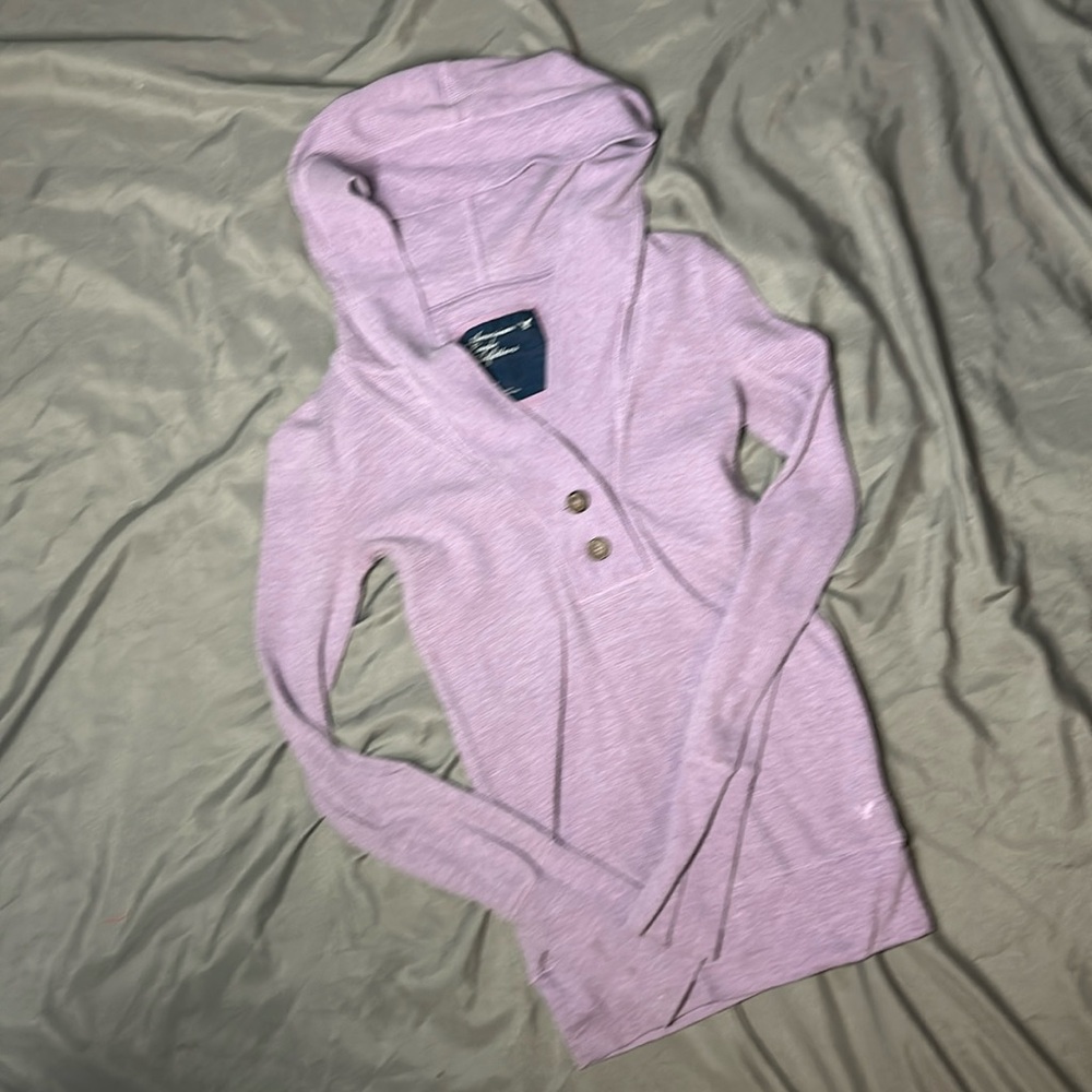 American Eagle Sweater Women's Small Vintage Lavender Hooded Long Sleeve V Neck